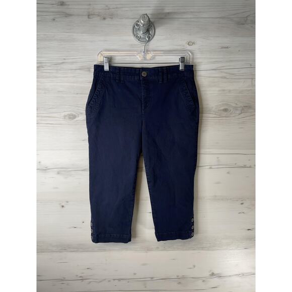 Gloria Vanderbilt Pants Womens 8P Petite Navy Violet Capri Stretch Button Hem - Picture 1 of 14